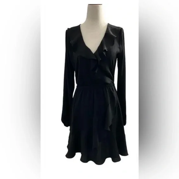 EXPRESS Dress Long Sleeve Black Ruffle Trim Size Small Mini Dress Casual